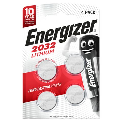 Batterie al litio a bottone Energizer Lithium BP4 3V 235 mAh CR2032 - conf. 4 pz rossa - E304127202